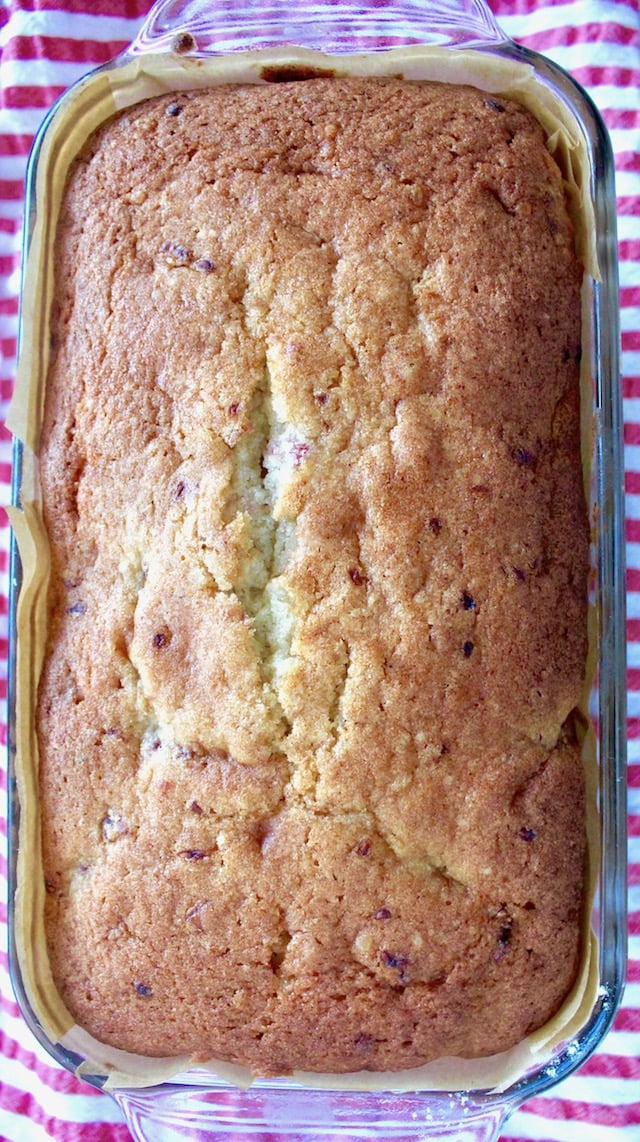 top view of baked White Chocolate and Raspberry Loaf Cake