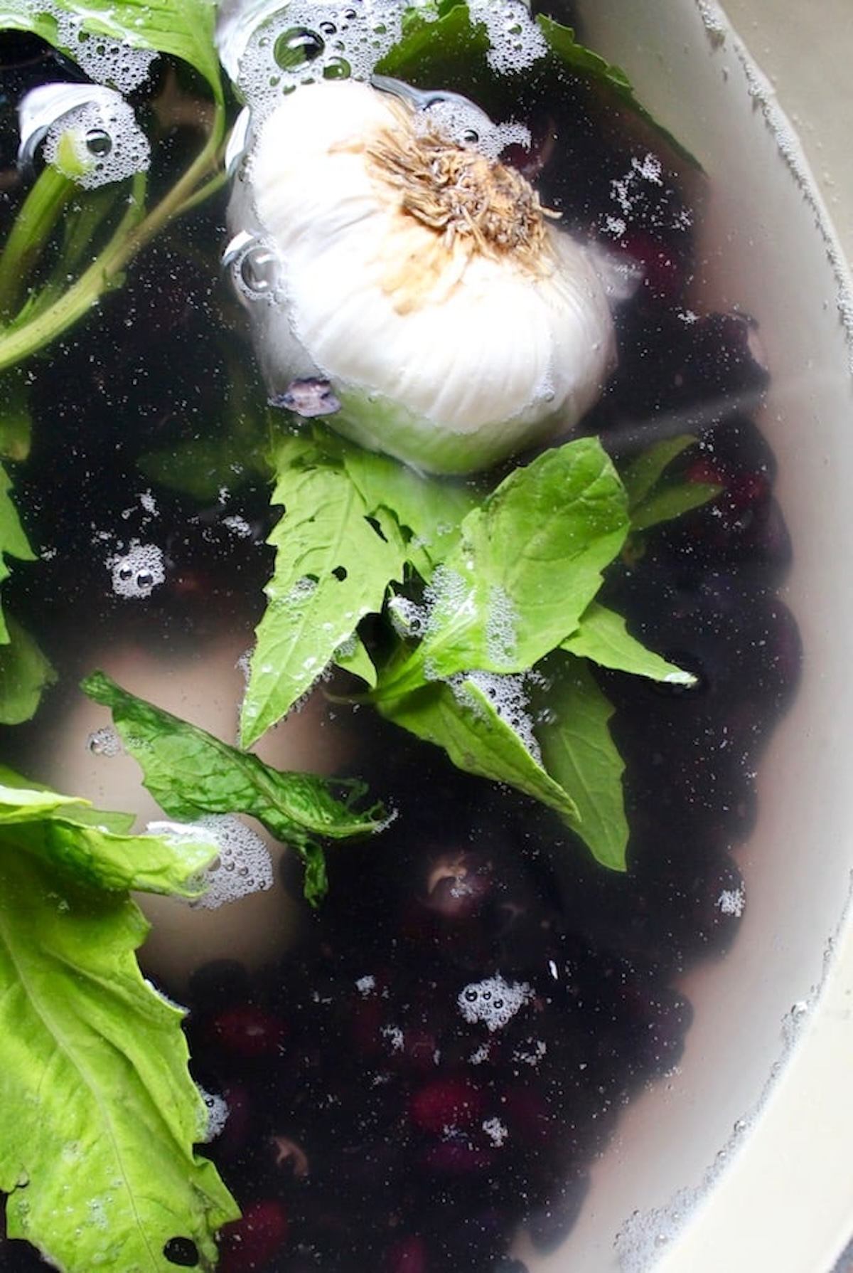 Black beans with water, chunks of onion, head of garlic and green epazote leaves.