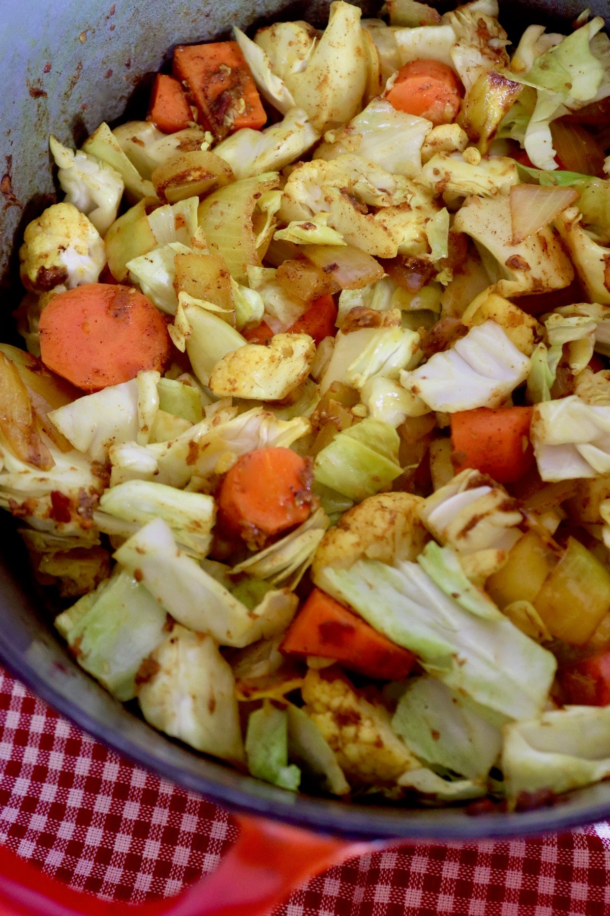 Dutch oven with cabbage and carrots.