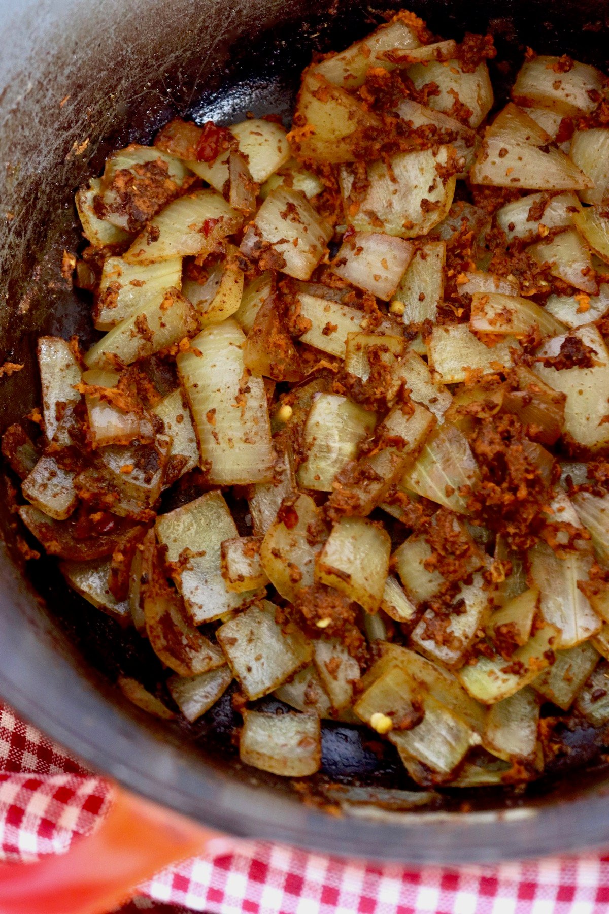 Dutch oven with sauteed onions and spices.