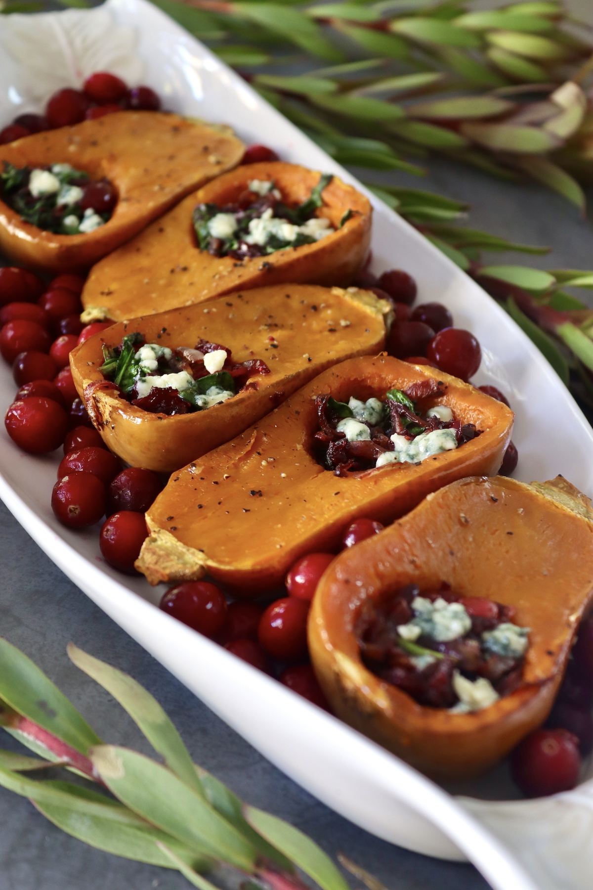 Several honeynut squash with cranberry, spinach and onion filling, with dots of roquefort cheese on top, on a white platter.