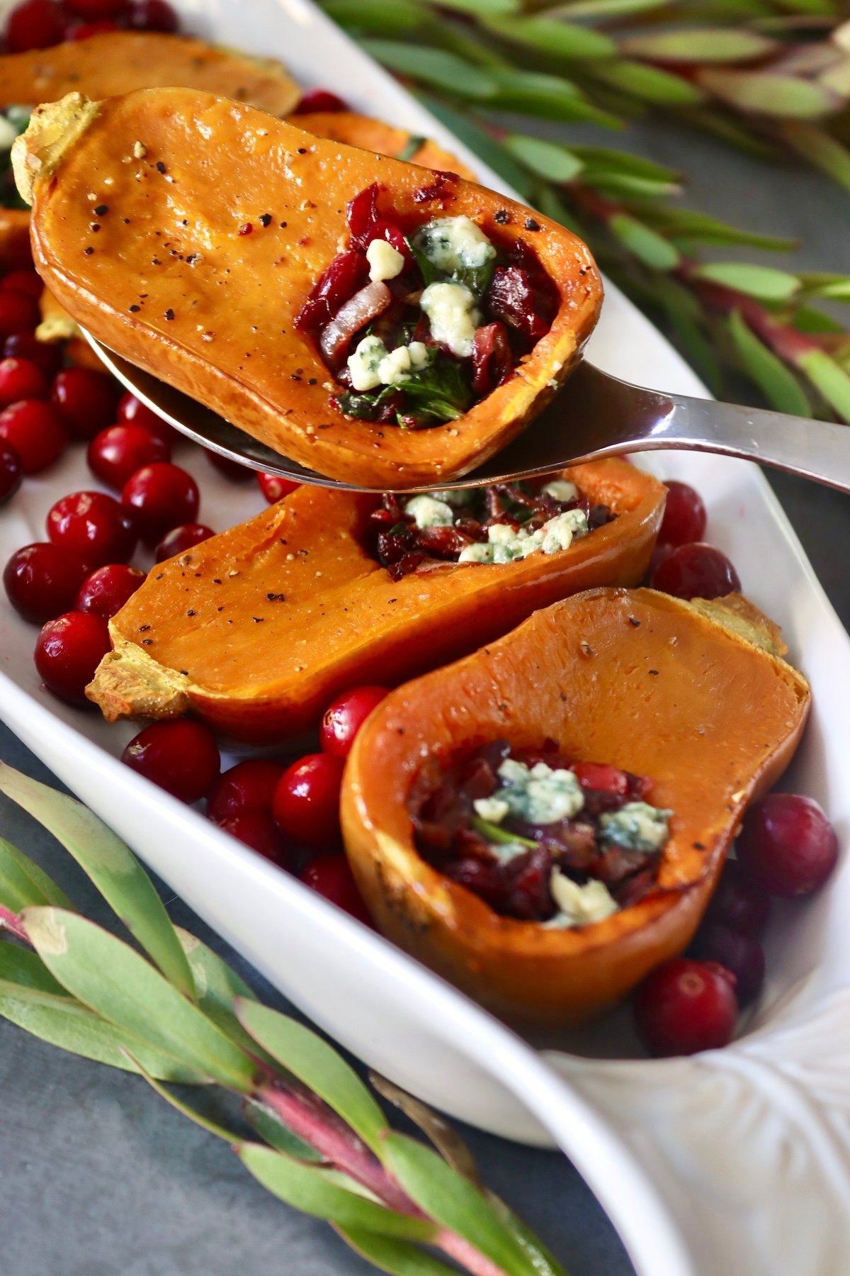 Several honeynut squash with cranberry, spinach and onion filling, with dots of roquefort cheese on top, on a white platter.