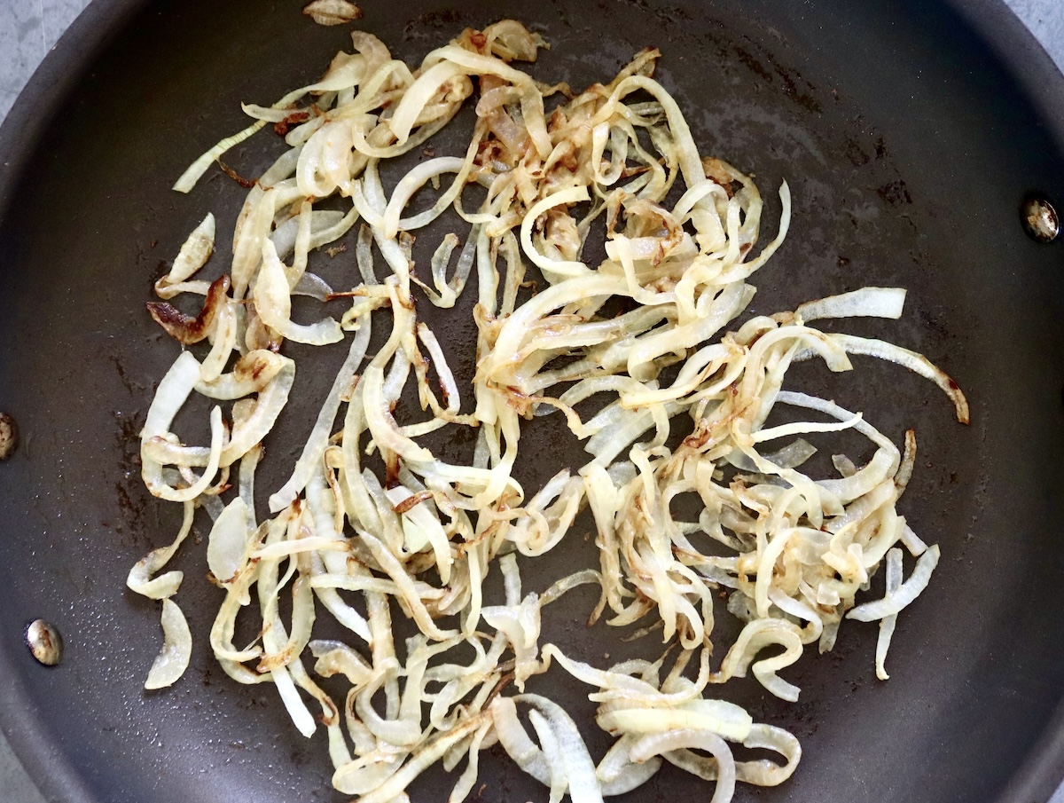 Caramelized onions in a skillet.