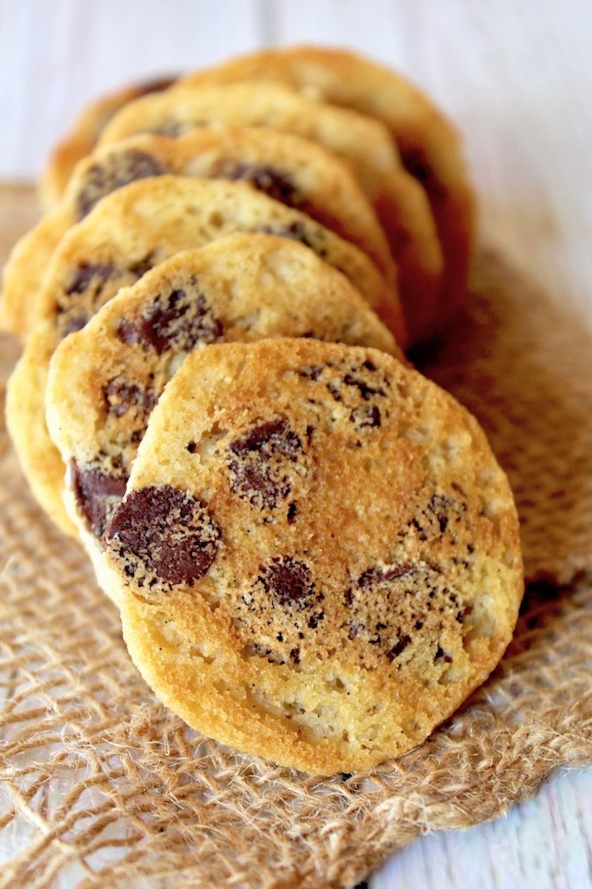 Several chocolate chip cookies in a row with the round side down and backs up.