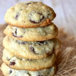 Stack of 5 coconut flour chocolate chip cookies on burlap.
