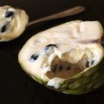 Cherimoya with a bite taken out and on a spoon