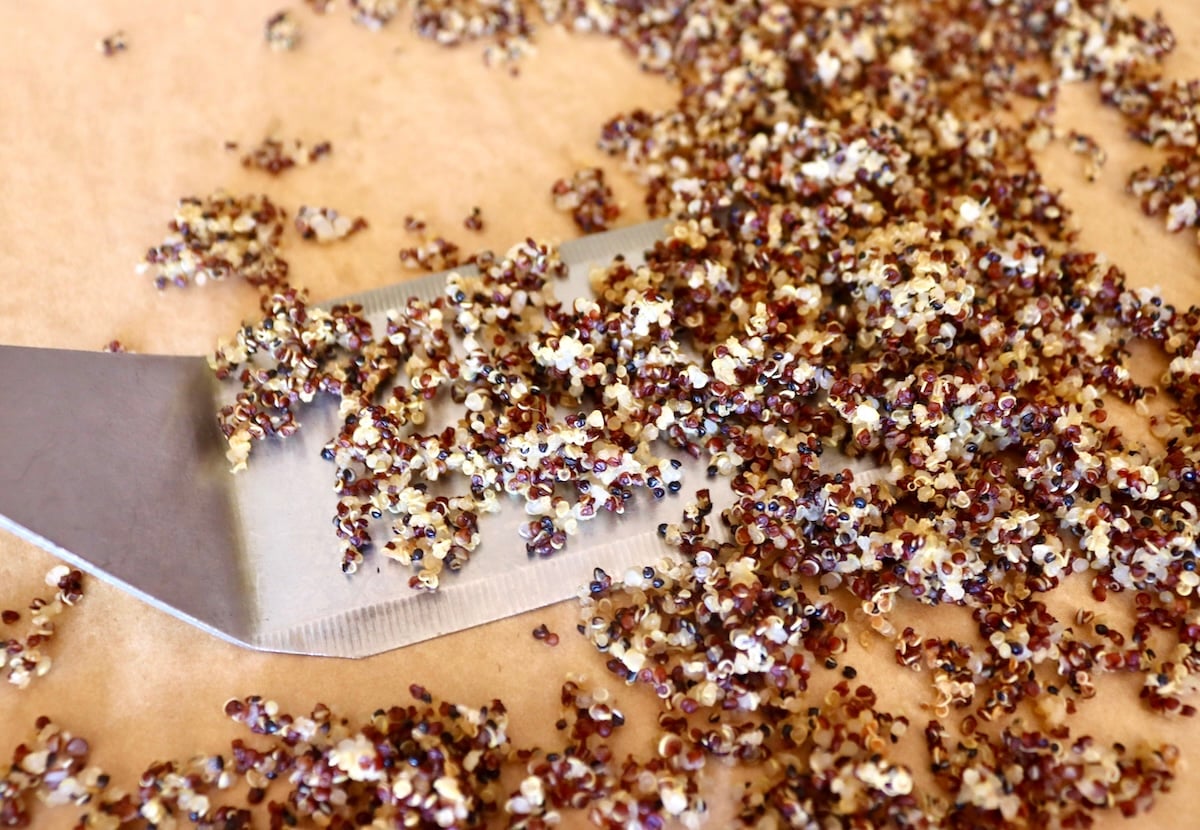 Crispy quinoa with a metal spatula on a baking sheet with parchment paper.