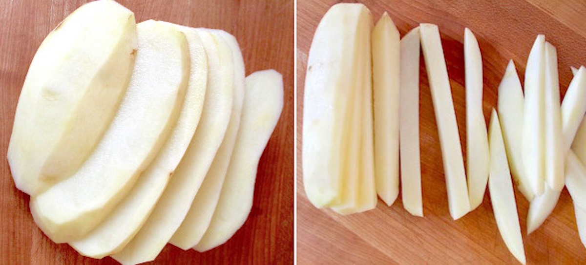 Peeled Russet potato cut into slices, then sticks.