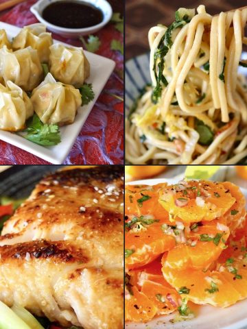 Four images of food for Chinese New Year - dumplings, noodles, fish and tangerine slices.