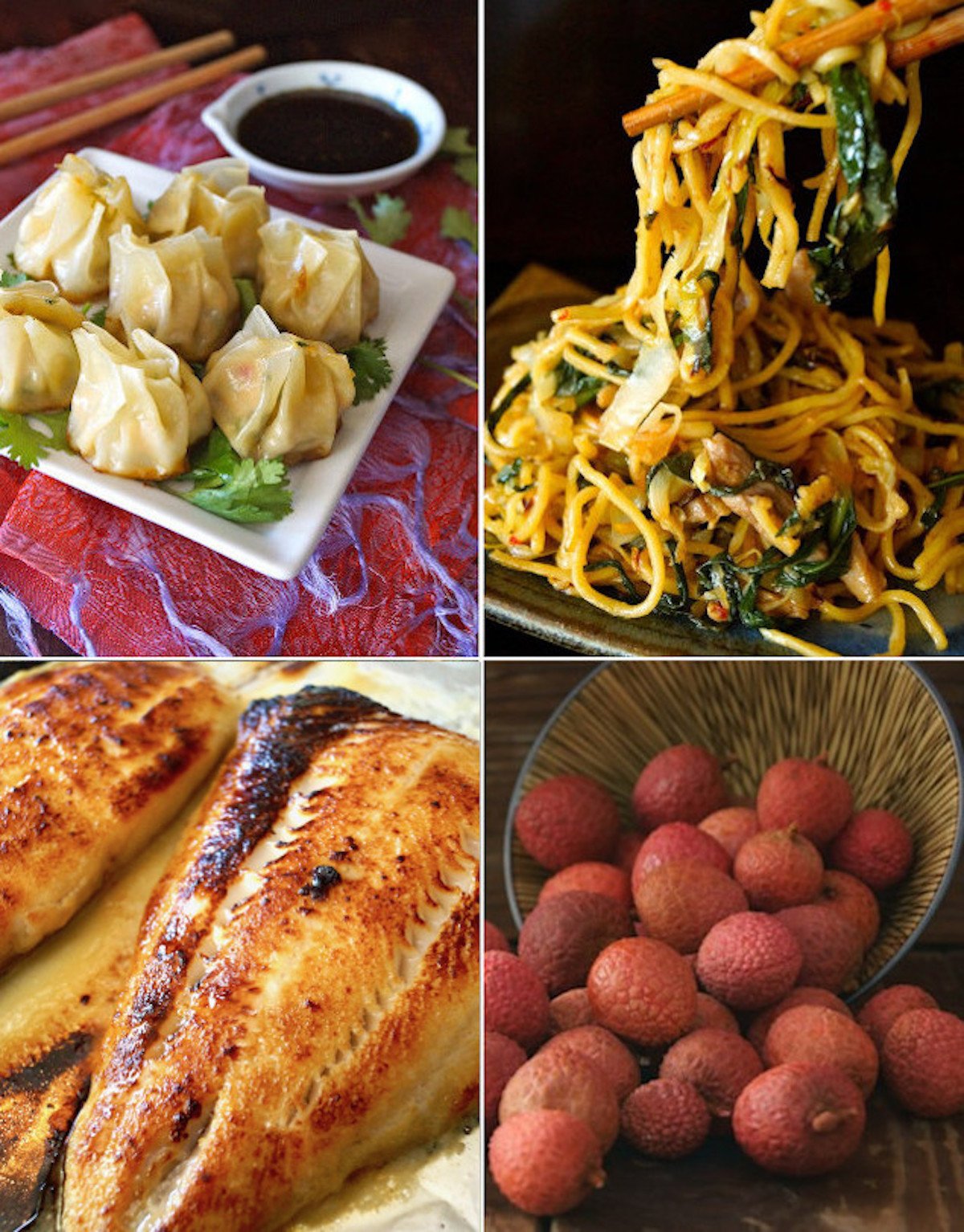 Collage of Chinese New Year Menu Ideas including noodles, fresh lychee, black cod and dumplings.