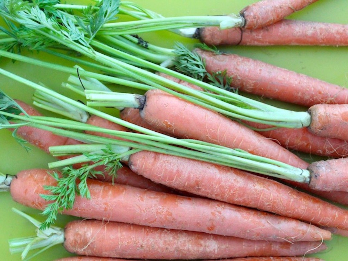 Pile of raw carrots with stems on a green cutting mat.