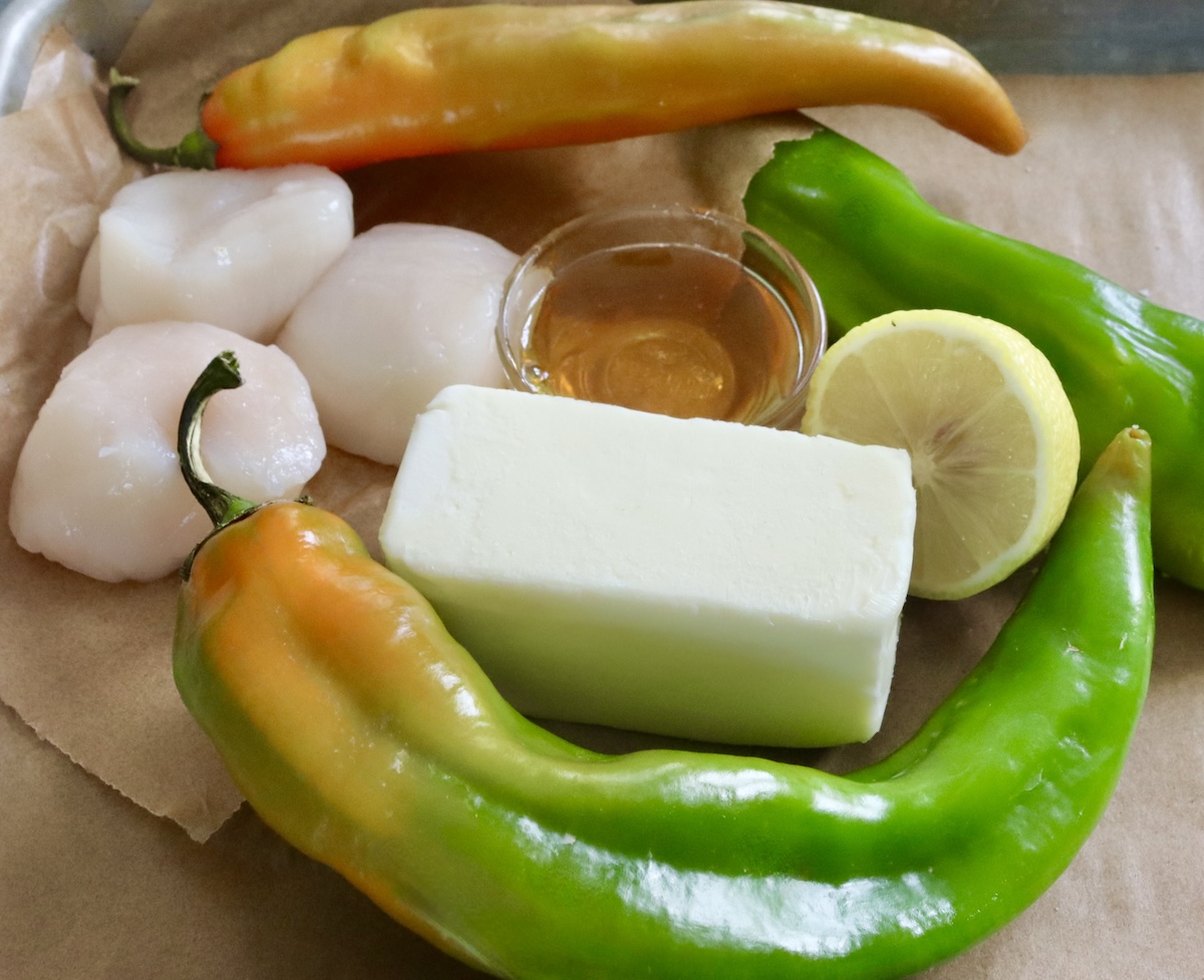 Ingredients for Hatch Scallops - butter, honey, lem.on green hatch chiles and scallops