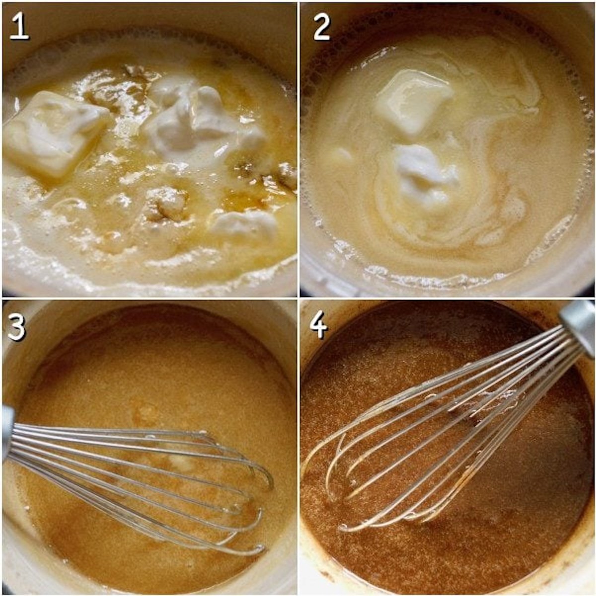 Adding cream and butter to caramel with a whisk.