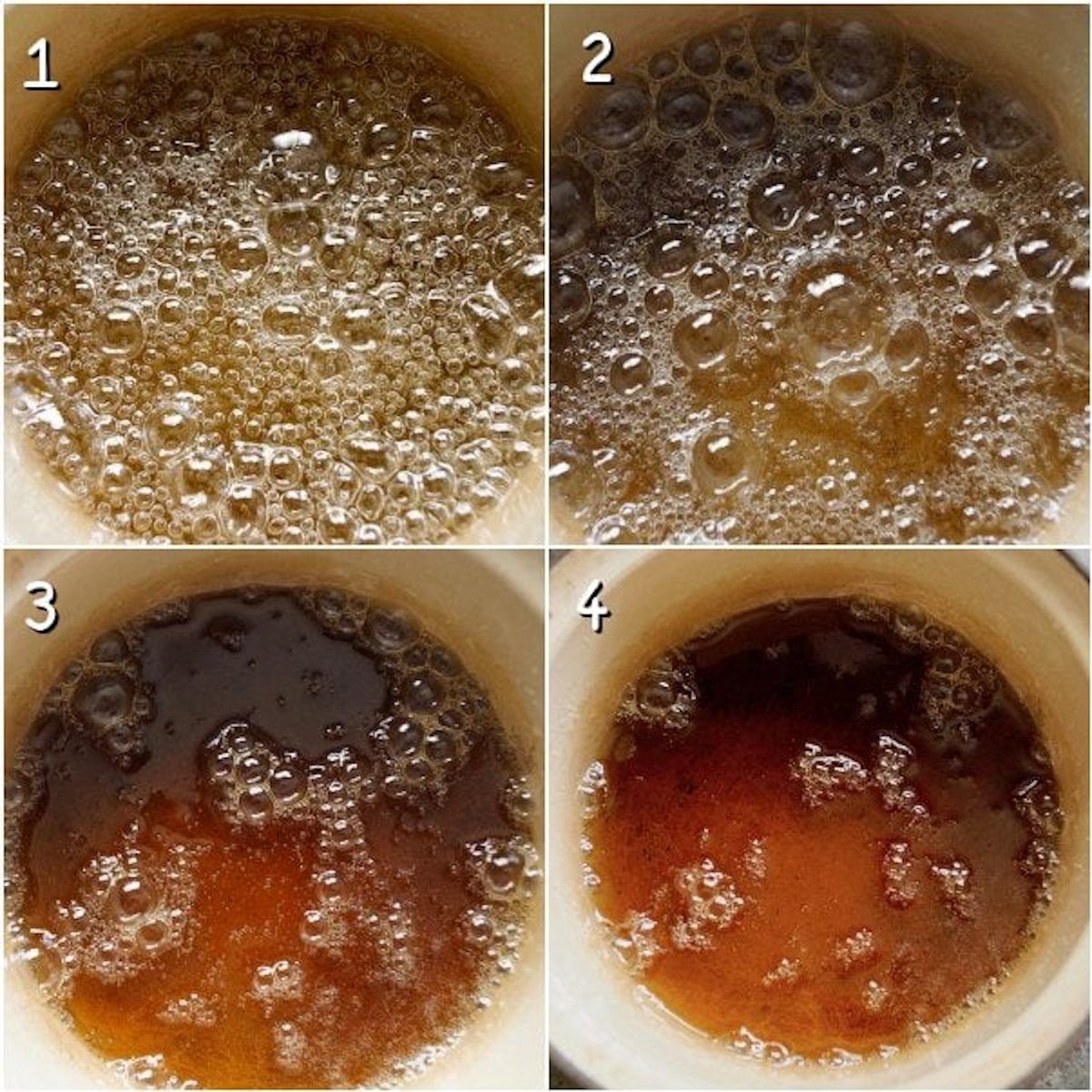 4 images of making caramel in a cream-colored pot.