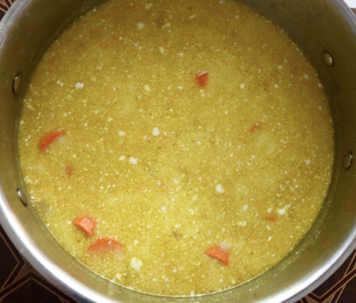 Coconut-Spiced-Carrot-Soup Carrot coconut soup before it's blended, in the pot.
