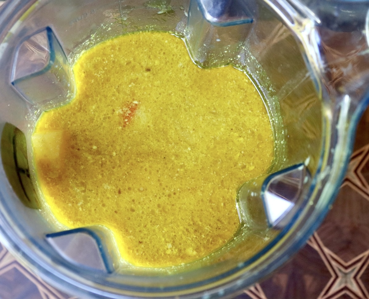 Coconut-Spiced-Carrot-Soup Carrot Coconut Soup ready for puréeing in a blender.