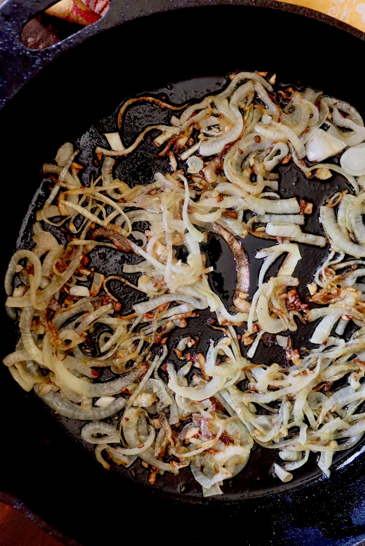 Sauteed nions and garlic in a cast iron skillet. 