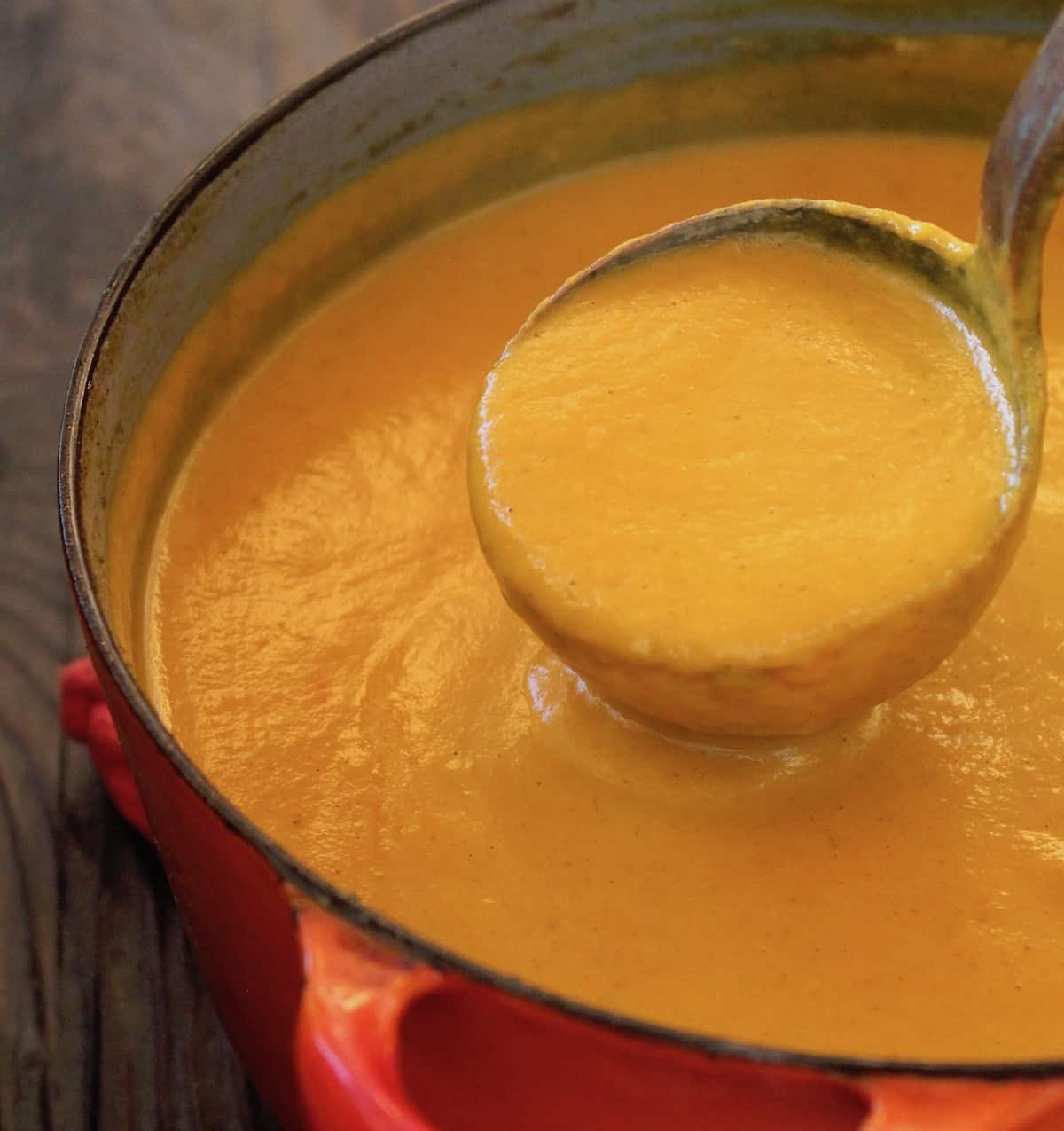 Coconut-Spiced-Carrot-Soup Finished creamy coconut spiced carrot soup.