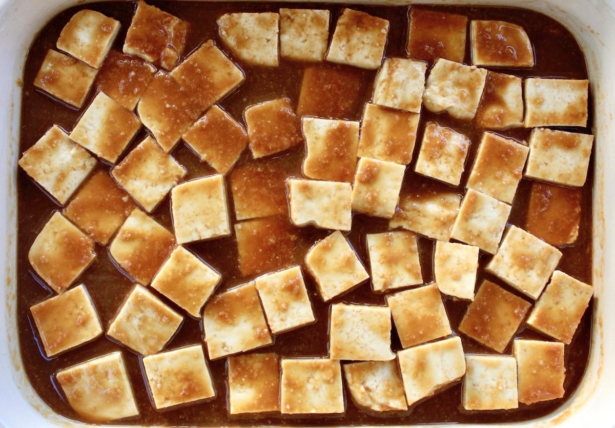 Cubes of tofu in miso marinade.