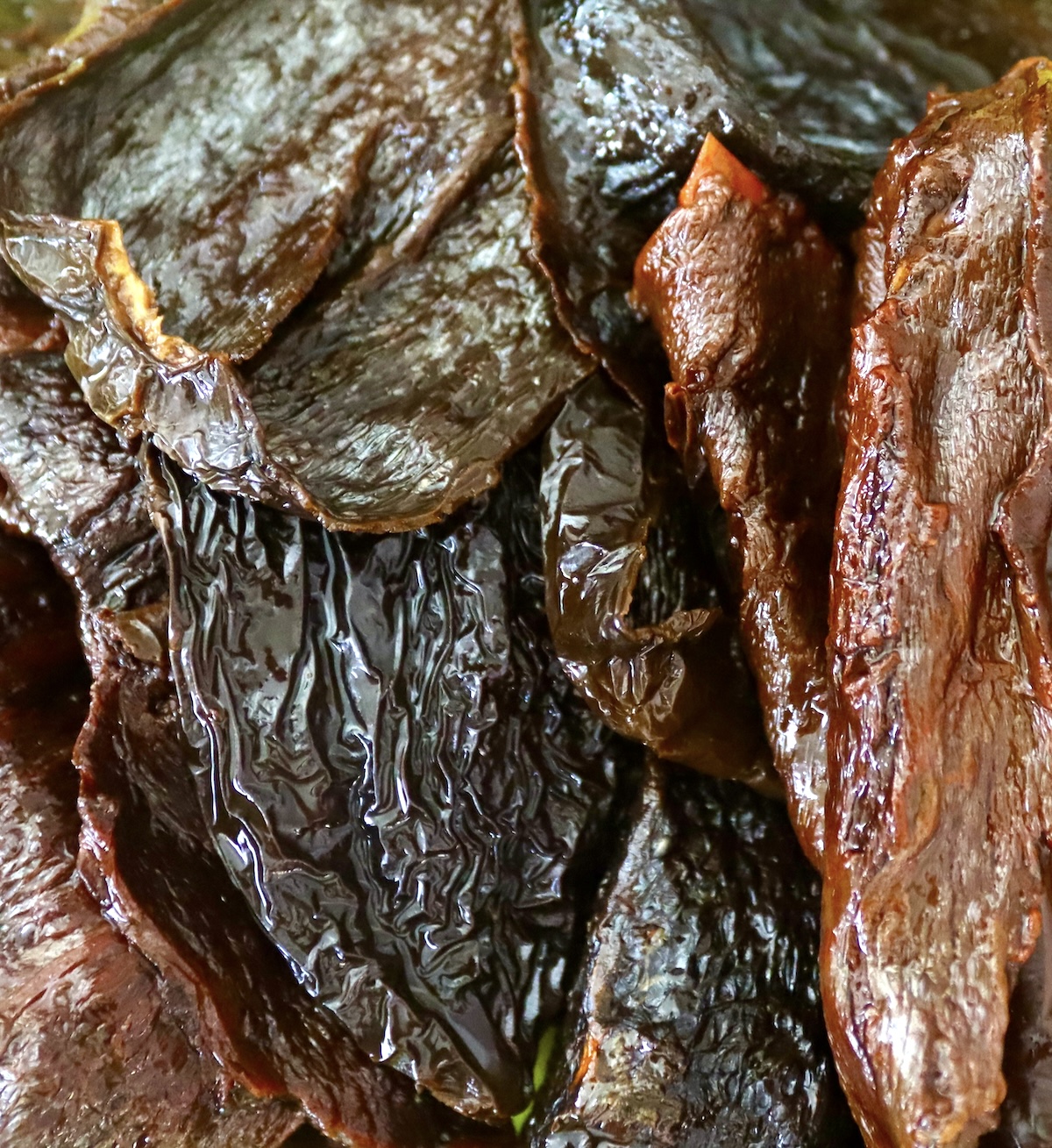 Pile of hydrated, stemmed and seeded ancho chiles.