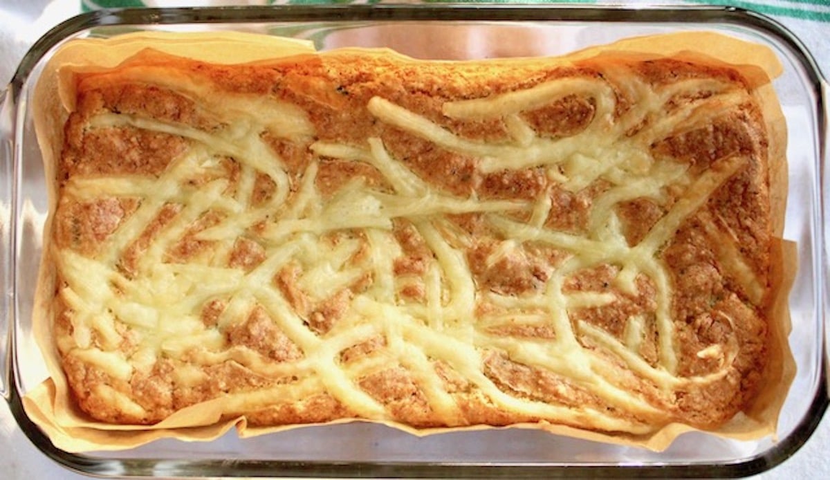 Golden, baked loaf of cauliflower bread.