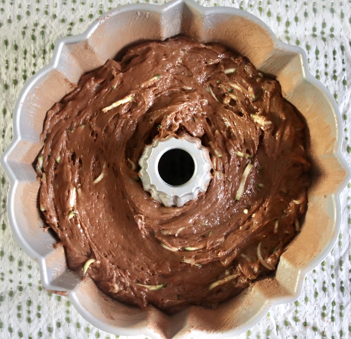 Chocolate Zucchini cake batter in a bundt pan.