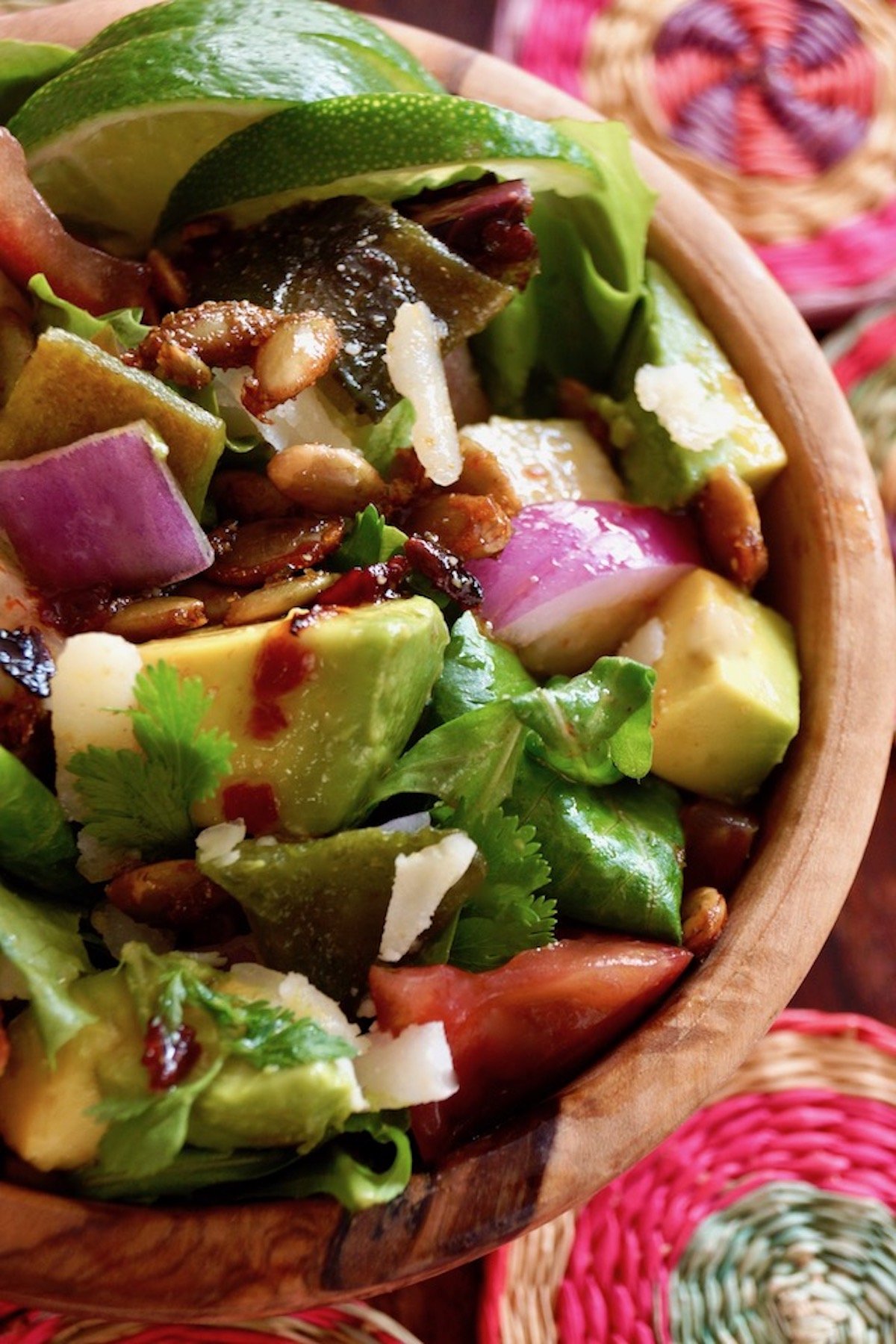 Chopped Mexican Salad in a wooden bowl.