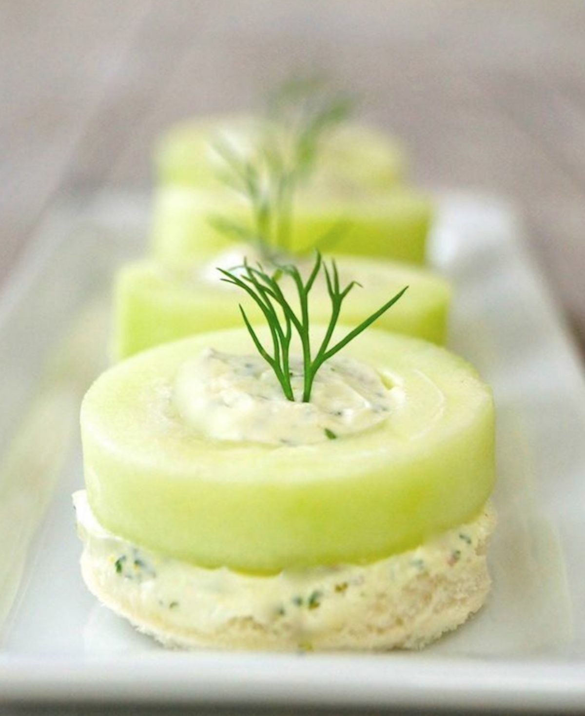 Row of Cucumber Dill Canapes on a white plate.