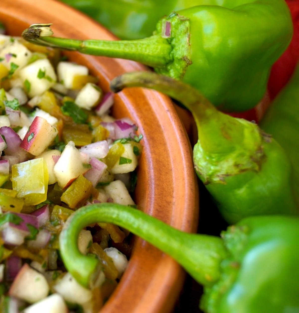 Top view of half of a terra cotta bowl filled with hatch chile and peach salsa.
