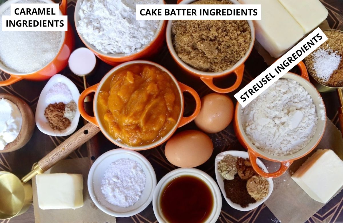 Pumpkin-Coffee-Cake-with-Streusel-and-Caramel Ingredients for Pumpkin Coffee Cake including pumpkin puree, sugar, brown sugar, flour, eggs, spices.