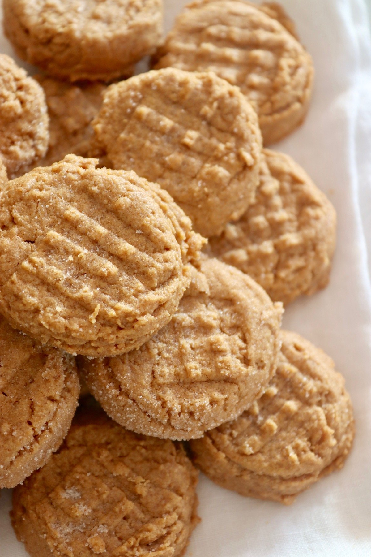 Pile of peanut butter cookies with a fork indentation in each one.