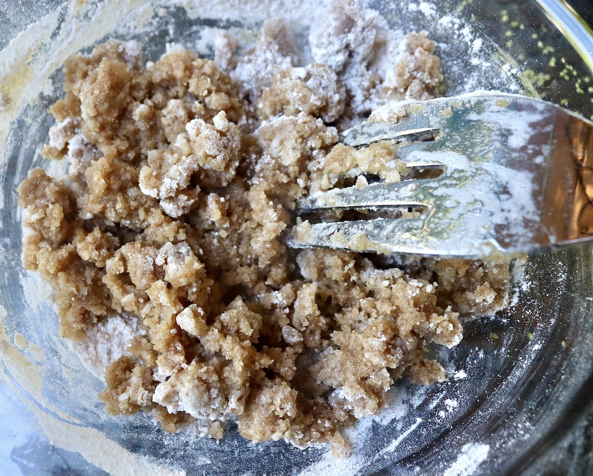 Pumpkin-Coffee-Cake-with-Streusel-and-Caramel Melted butter mixed into flour and sugar mixture for streusel.