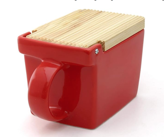Red Japanese salt container with wooden lid.