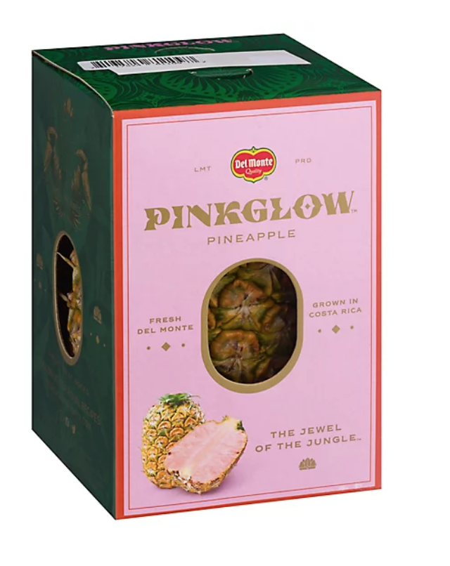 Pinkglow pineapple in it's pink and green box.