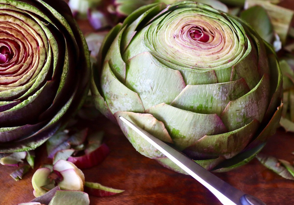 Large green artichoke with scissors cutting off the sharp tip of an outer leaf.