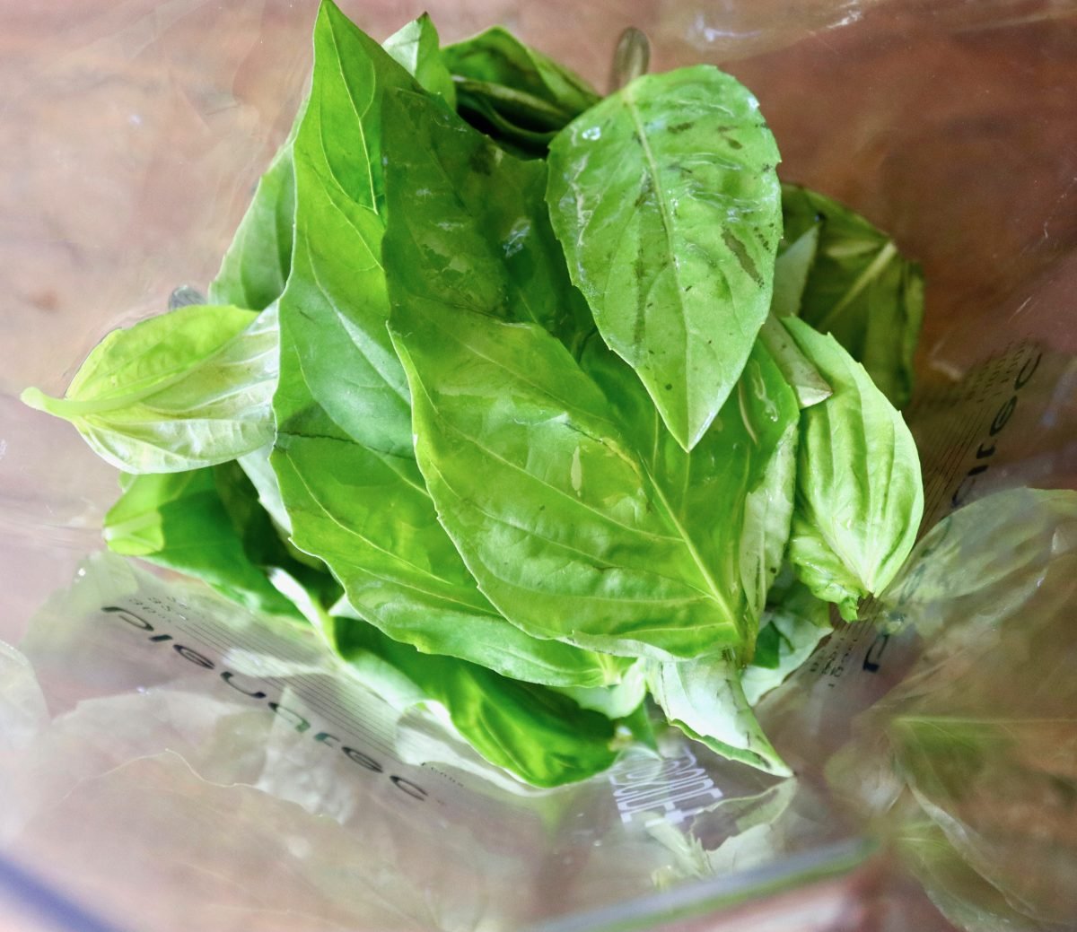 Fresh basil leaves in a blender with olive oil.