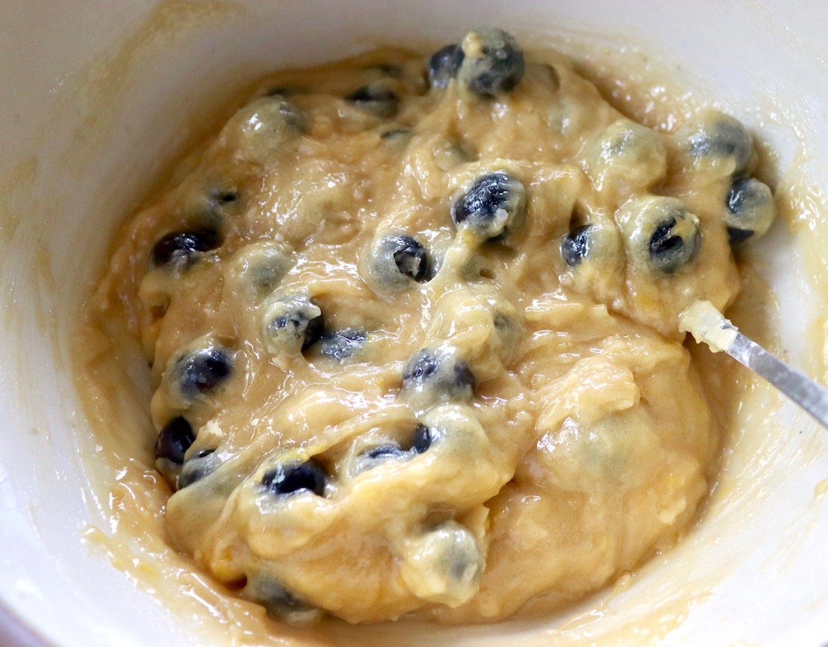 Bowl of blueberry lemon cookie batter.