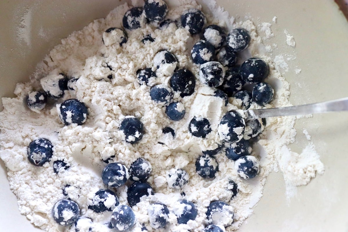 Bowl containing flour mixed with blueberries.
