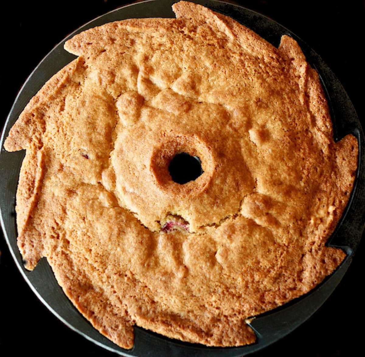 Top view of baked cranberry orange bundt cake, right out of the oven.