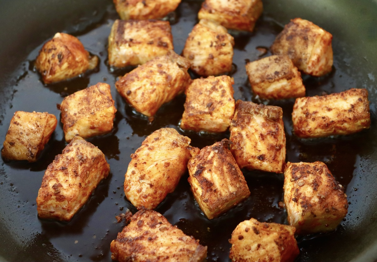 Stovetop-Crispy-Salmon-Bites Crispy Salmon Bites in skillet, nicely browned.