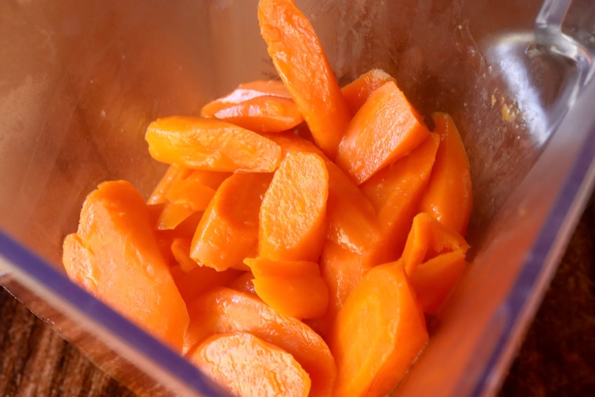 Carrot slices in a blender.