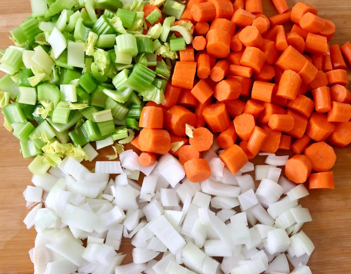 Chopped onion, celery and carrots, all into bite-sized pieces.