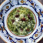 Spinach Pesto Spaghetti Squash in a pretty Italian painted pasta bowl.