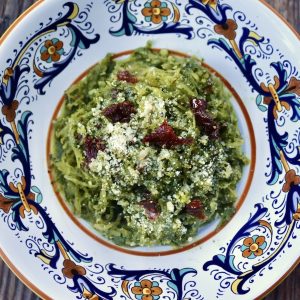Spinach Pesto Spaghetti Squash in a pretty Italian painted pasta bowl.