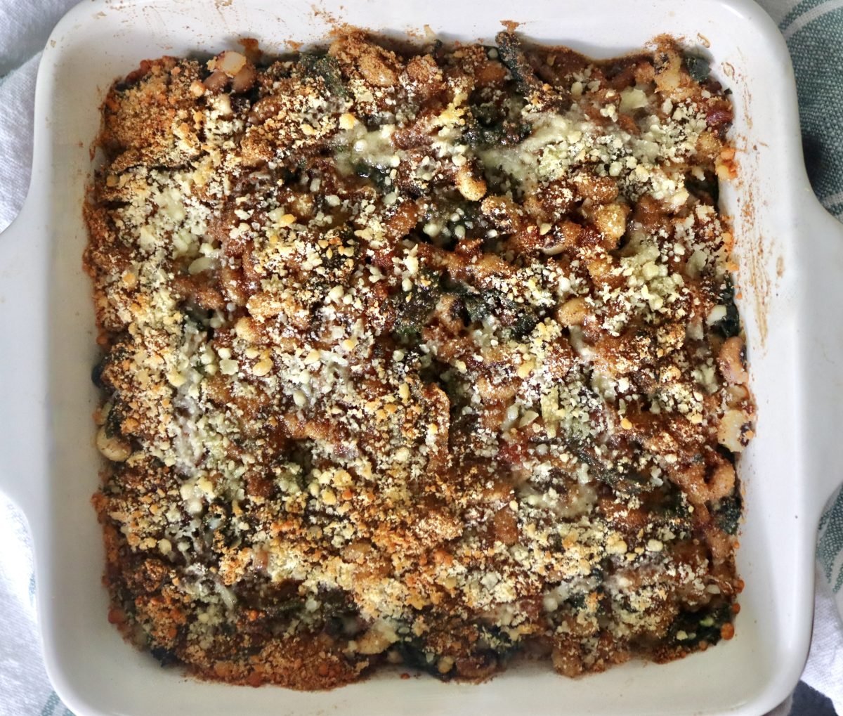 Black-Eyed Pea Casserole Golden Black-Eyed pea casserole in a square baking dish.