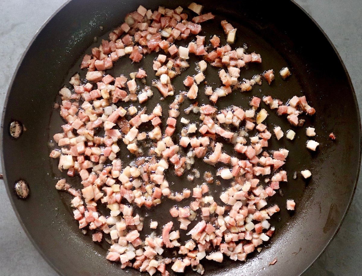 Black-Eyed Pea Casserole Skillet with diced pancetta.