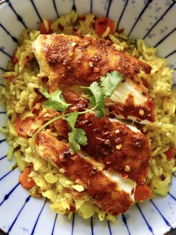 Top View of blue striped plate with yellow rice and sliced, red-spiced fish, with a sprig of cilantro.