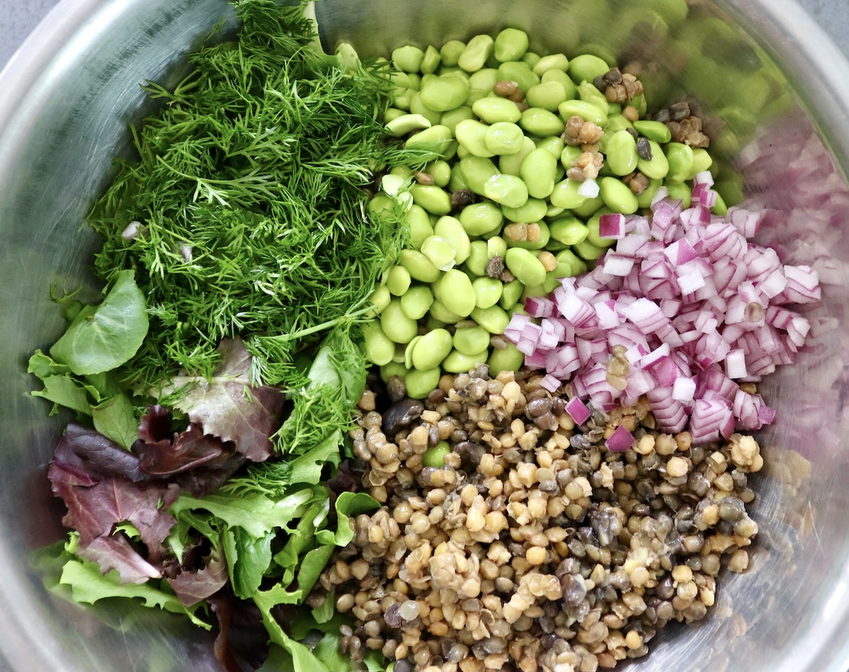 Edamame-Salad-with-Lentils Chopped red onion, shelled edamame,, fresh dill and steamed lentils in a large mixing bowl.