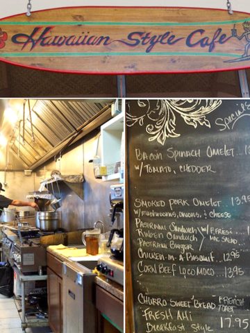Surf board with the name of the restaurant, a chalkboard menu, and a guy cooking in the restaurant kitchen.