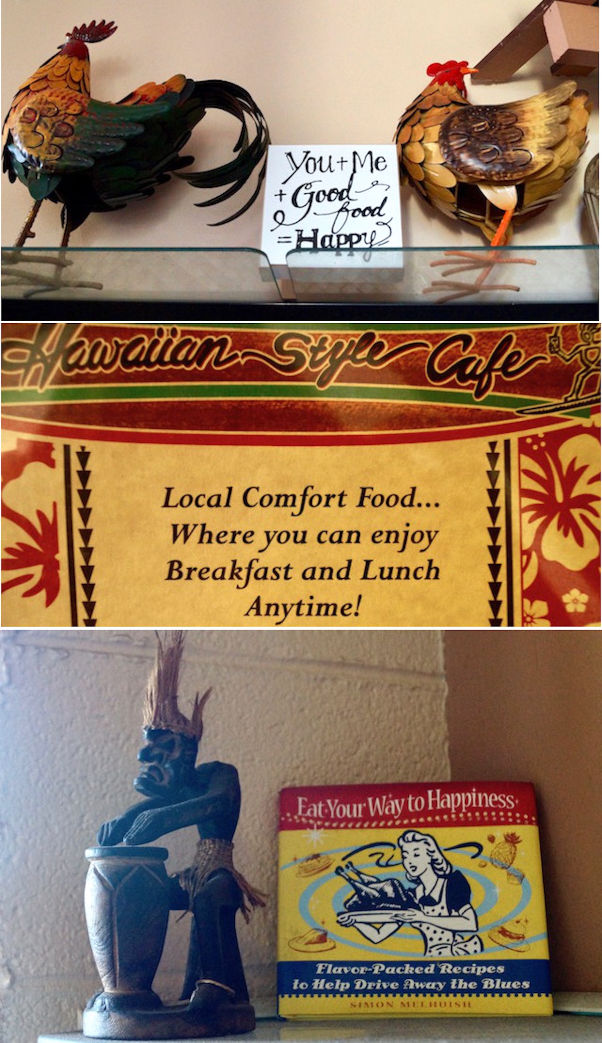 Image of part of a menu from the Hawaiian Style Cafe with decorative knik-knacks above and below.